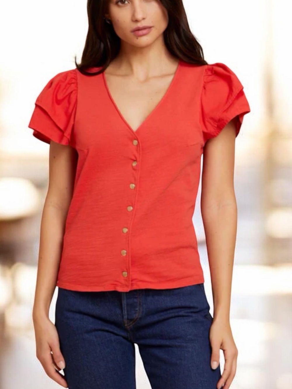 Nation LTD Maria Femme Coral Snap Tee V-Neck Button Blouse